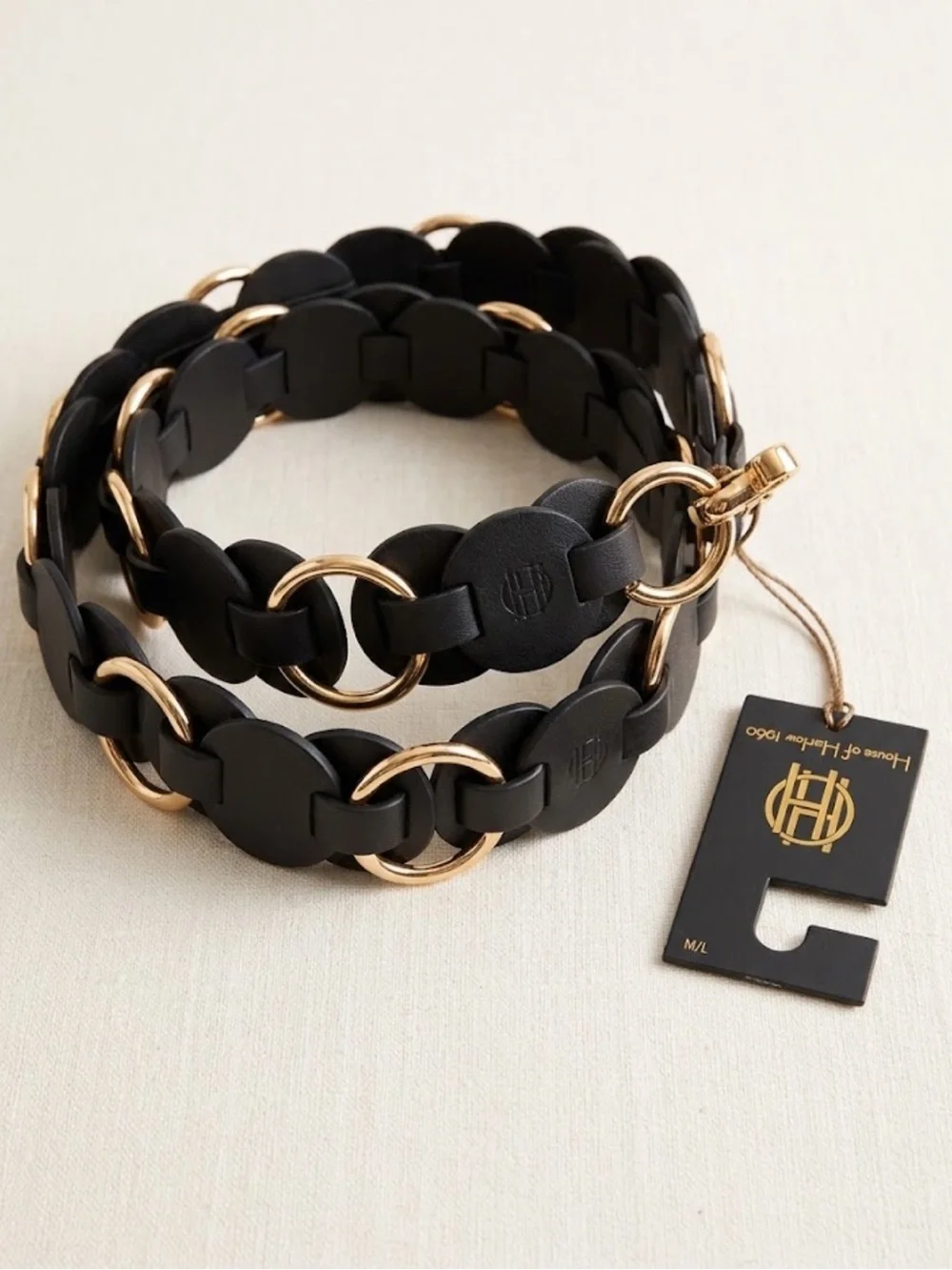 House of Harlow 1960 Adjustable Disc Link Belt Gold Tone M/L NWT Boho Black